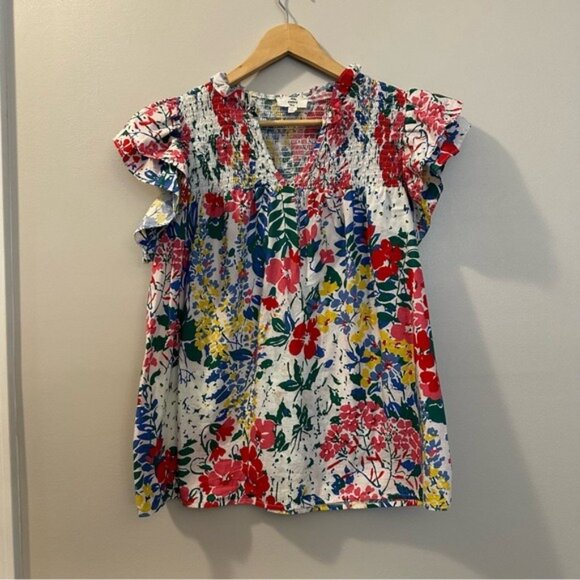 Entro Floral Ruffle Sleeve Smocked Split Neck Top Size Large Bright Multicolor - Picture 4 of 9